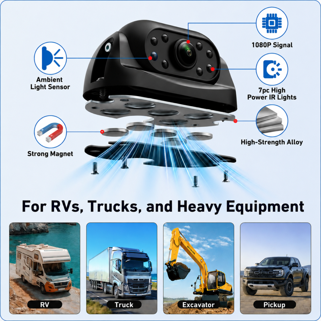 Magnetic 1080P AHD Backup Camera with Exclusive Factory Design Waterproof Adjustable Angle IR Night Vision for Truck Bus
